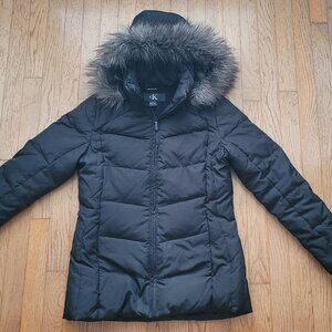 Calvin Klein Removeable Hooded Duck Down Puffer Coat - Small, Black